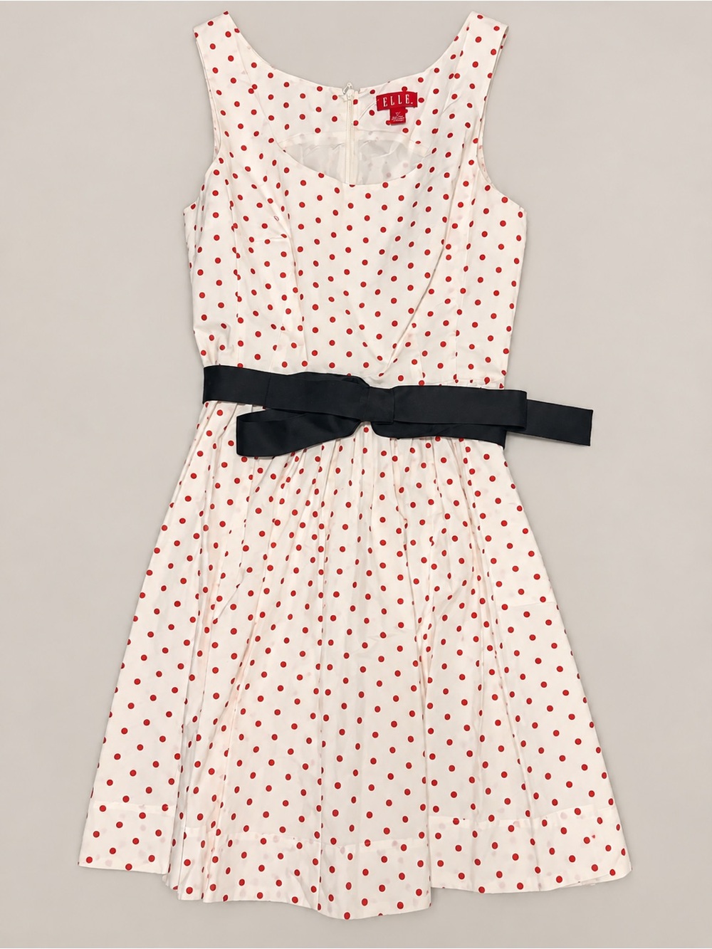 ELLE Size 8 Red Polka Dot Fit & Flare Dress Black Bow Belt Retro Style #1139 - Picture 4 of 5